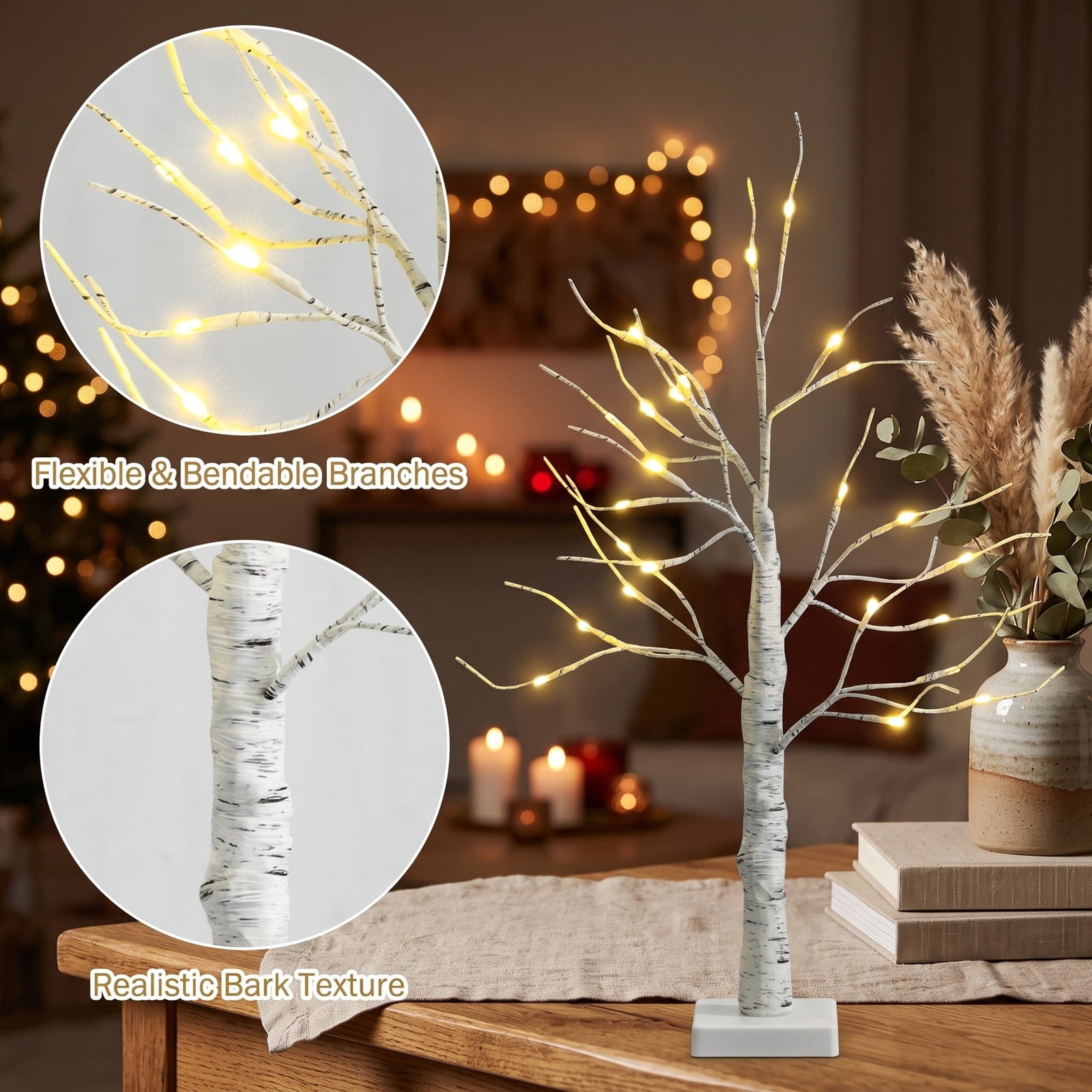 RUIE 2 Feet Pre-Lit White Twig Birch Tree, Battery Powered Tabletop Artificial Christmas Tree with 24 Warm White LED Lights, Bendable Branches for Holiday Home, White