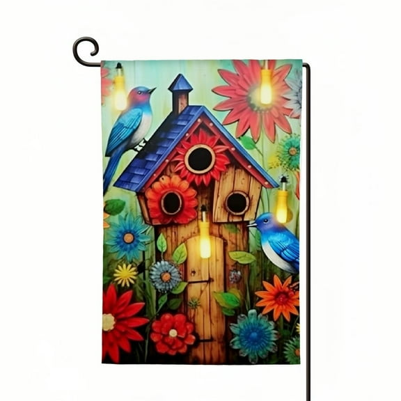 PHYHOO Welcome Lighted Garden Flag Birds House Garden Flags Double Sided, Solar sall Yard Flag, Lawn Home Spring Easter Decoration. White