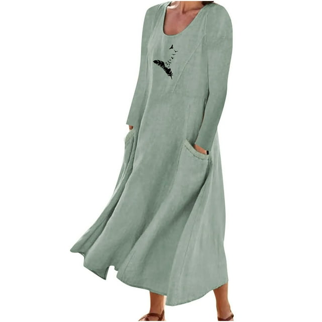 Robe à Manches Longues pour Femmes Mode Imprimé Coton Lin Col Rond avec Poches Robe à Manches Longues pour Femmes
