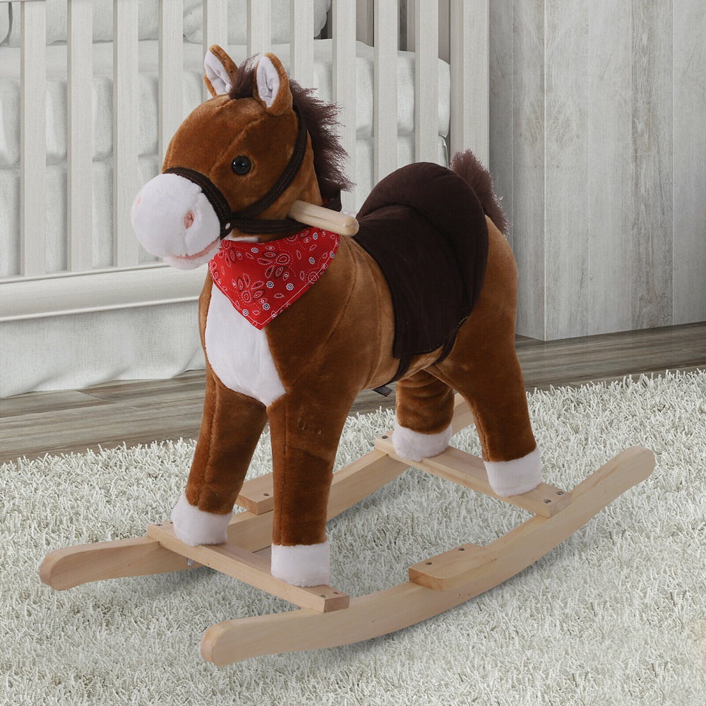 Kids Plush Rocking Horse Ride On Toy Realistic Sounds Moving Mouth And Tail 