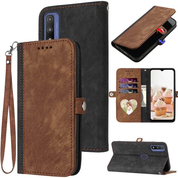 Designed for Moto G Pure Phone Case Wallet,for Moto G Play 2023 Phone Case,RFID-Blocking Card Holder,Leather Stand Flip Cases,Wrist Strap,Magnetic Closure,Shockproof Protective Cover (Brown)