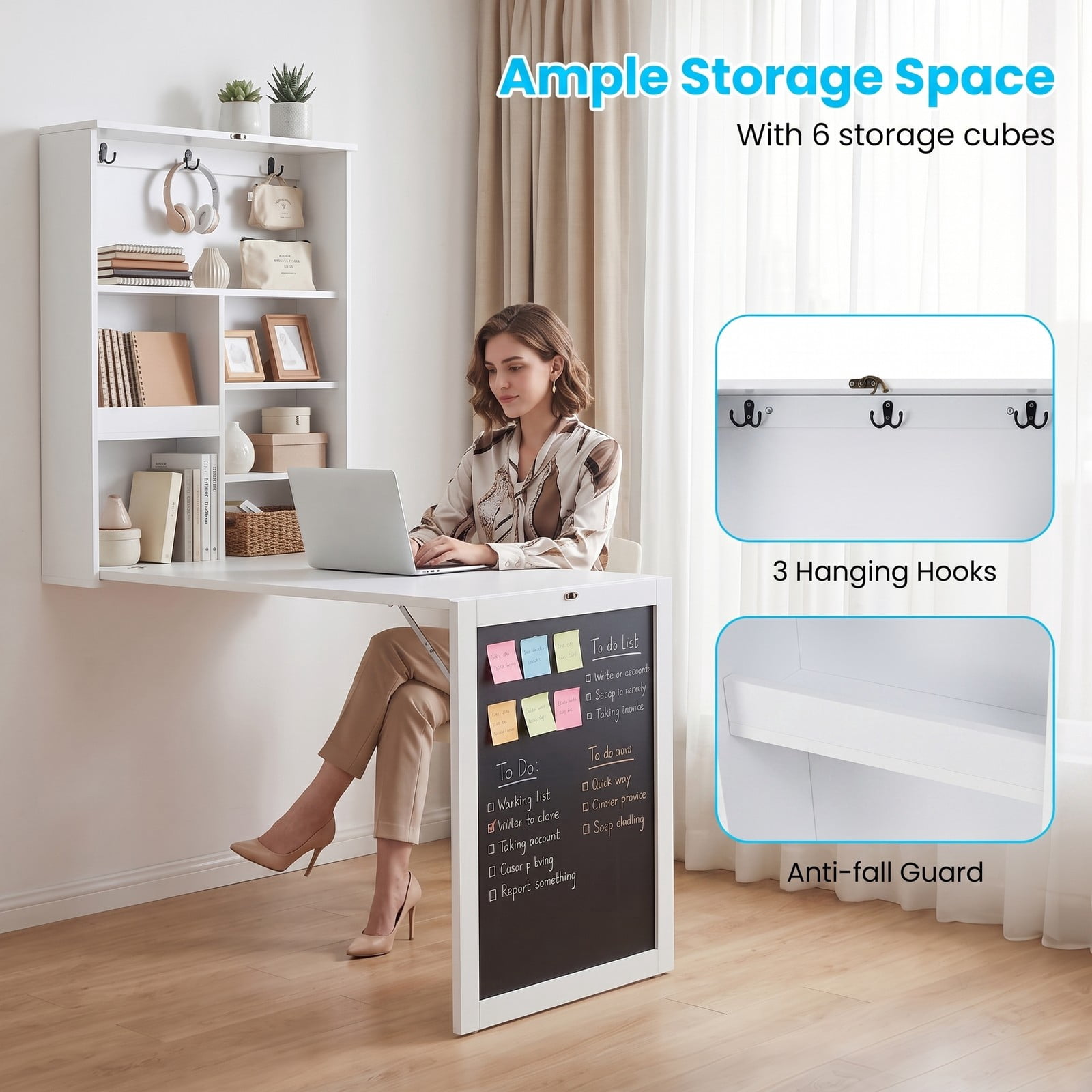 Furnibear Convertible Wall Mounted Folding Table with Chalkboard, Space Saving Fold Down Wall Desk with 6 Storage Cubes and 3 Hooks for Kids Study Home Office, White