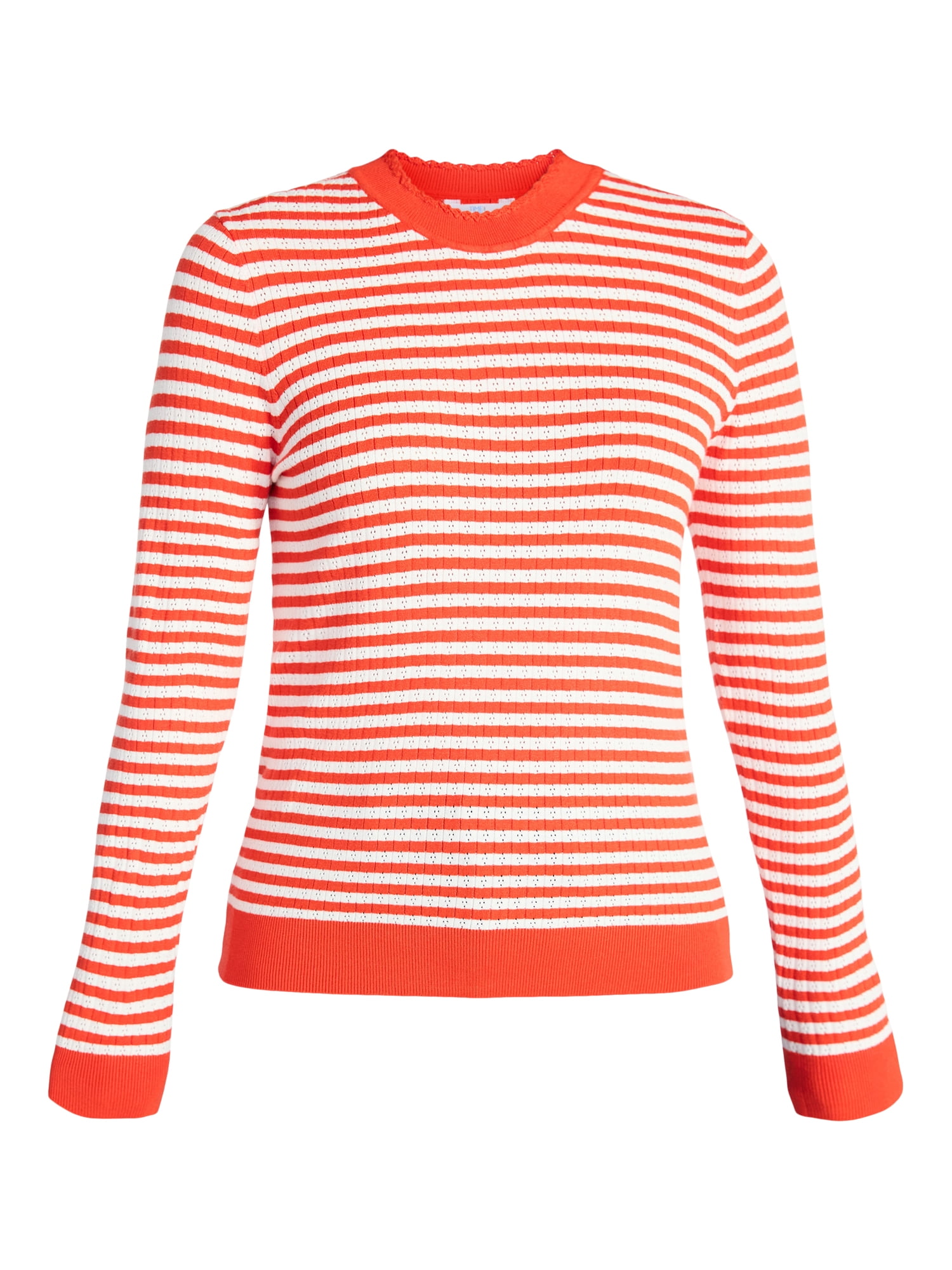 Time and Tru Women's Striped Pointelle Pullover Sweater with Long Sleeves, Midweight, Sizes XS-XXXL