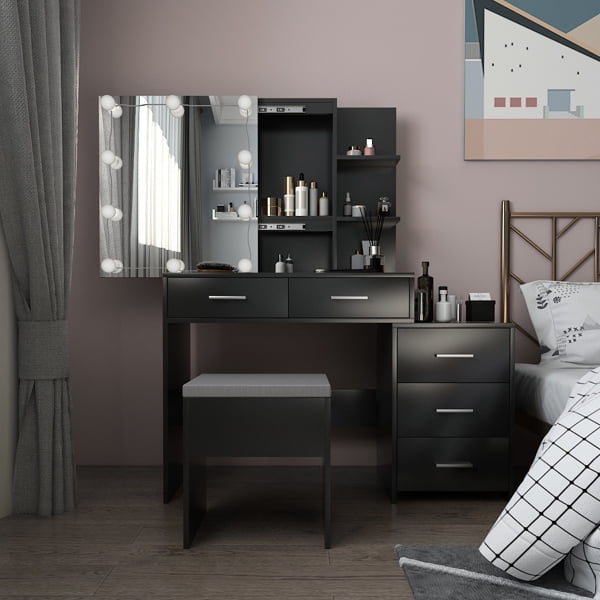 Vanity Set with Build-in LED Light, Makeup Table with Stool and Mirror ...
