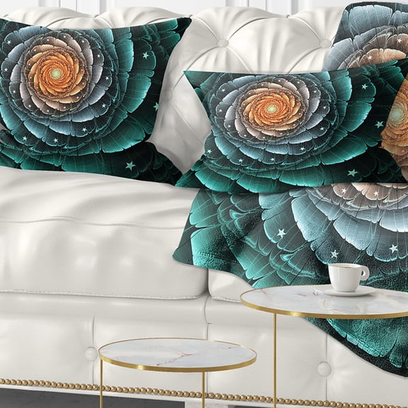 Designart Fractal Flower Turquoise Digital Art - Floral Throw Pillow - 12x20