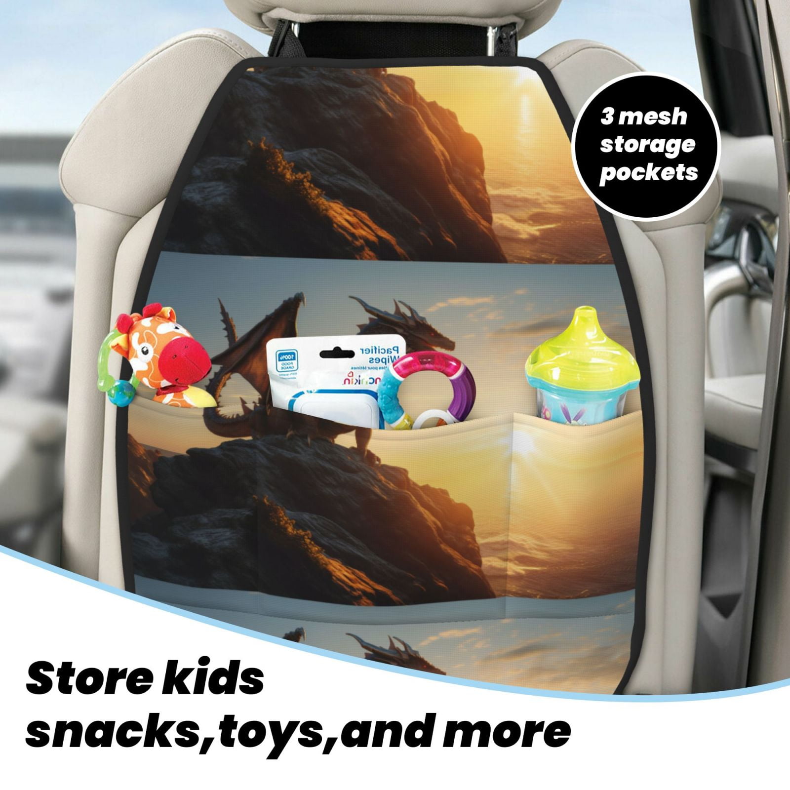 Xecao Seaside Sunset Cool Dragon Pattern Car Seat Back Protector 2 Pack Large Capacity Pocket, Kick Mats Back Seat Protector