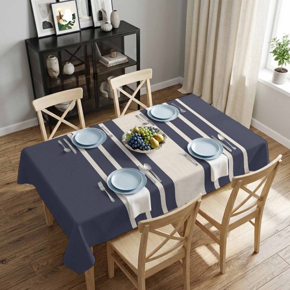 Blue Vertical Stripes Rectangle Tablecloth 60x84 Inch Classic Striped Linen Waterproof Polyester Table Cover, Washable Stain Resistant Tablecloth for Dining Table Kitchen Wedding