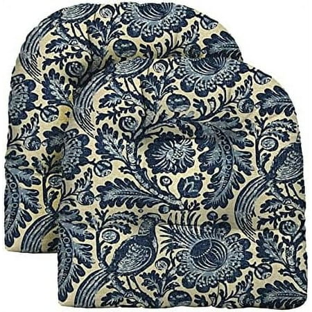 Indoor Outdoor Set Of 2 U-Shape Wicker Tufted Seat Cushions  (Large  Tucker Resist Indigo Blue)