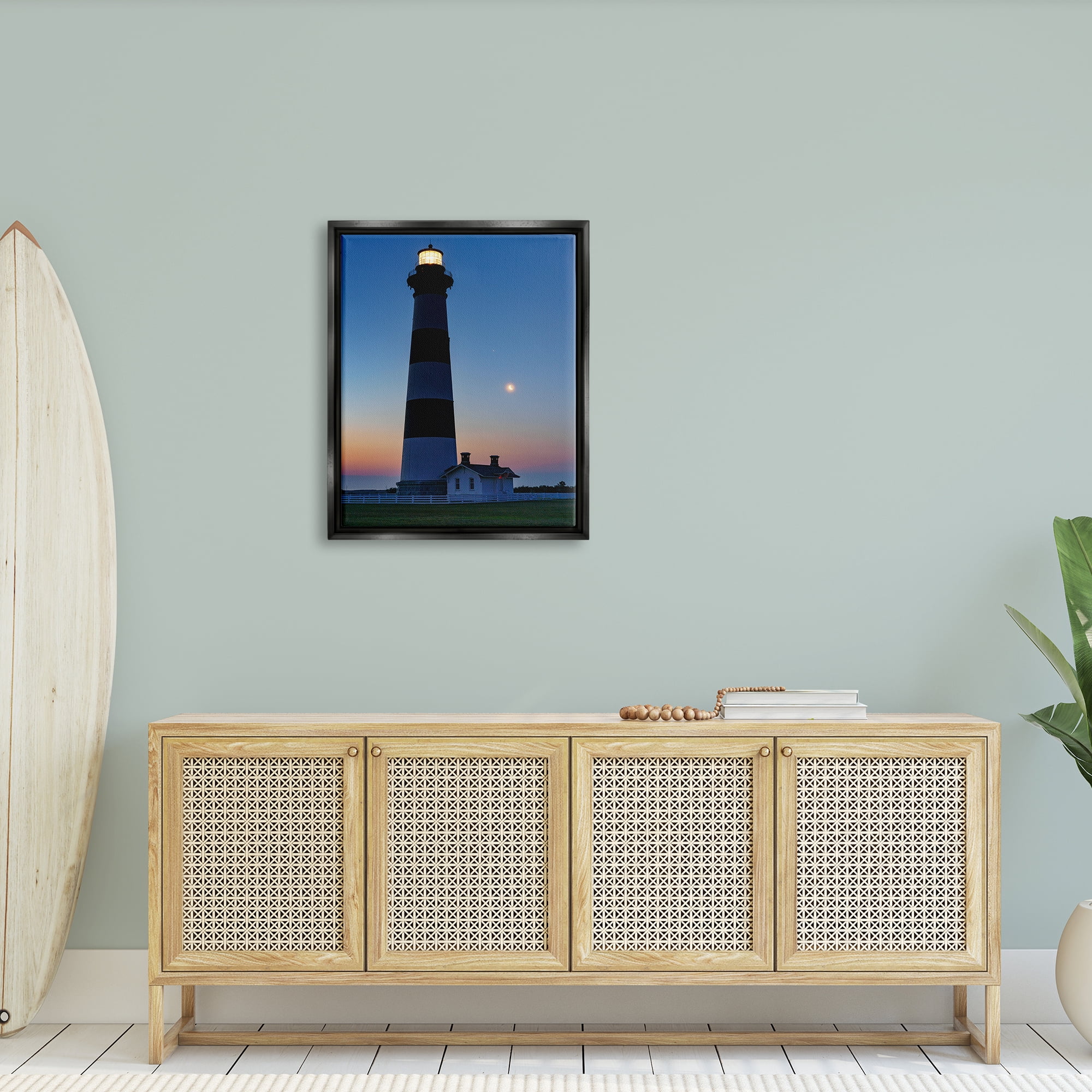 Stupell Blue Moonlit Lighthouse Coast Landscape Photography Black Floater Framed Art Print Wall Art
