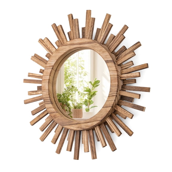 12 inch Rustic Wood Mirror Sunburst Boho Mirror for Entryway Bedroom Living Room Bathroom, Carbonized Black