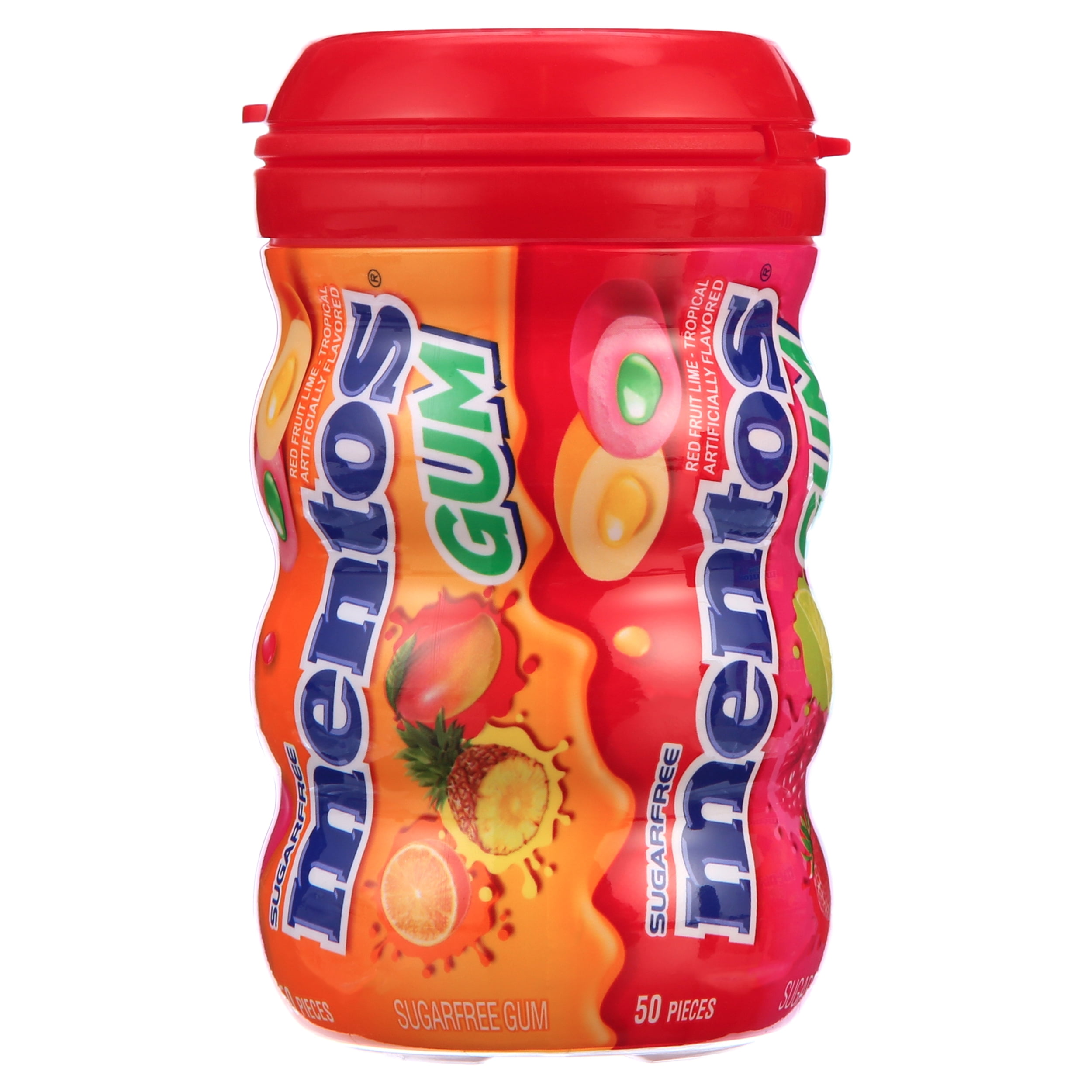Mentos Gum Red Fruit and Lime-Tropical 50 piece Curvy Bottle - Pack of 6