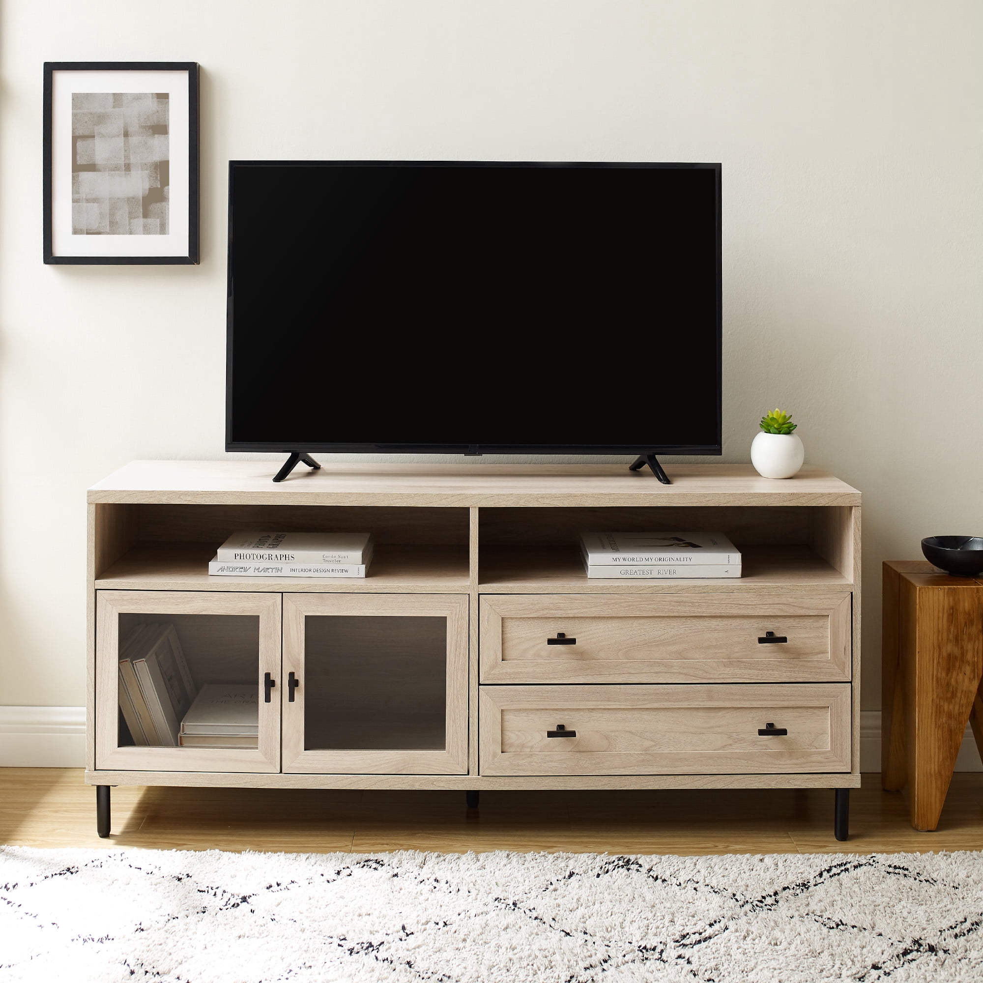 Manor Park Modern Wood and Glass TV Stand for TVs up to 60”, Birch