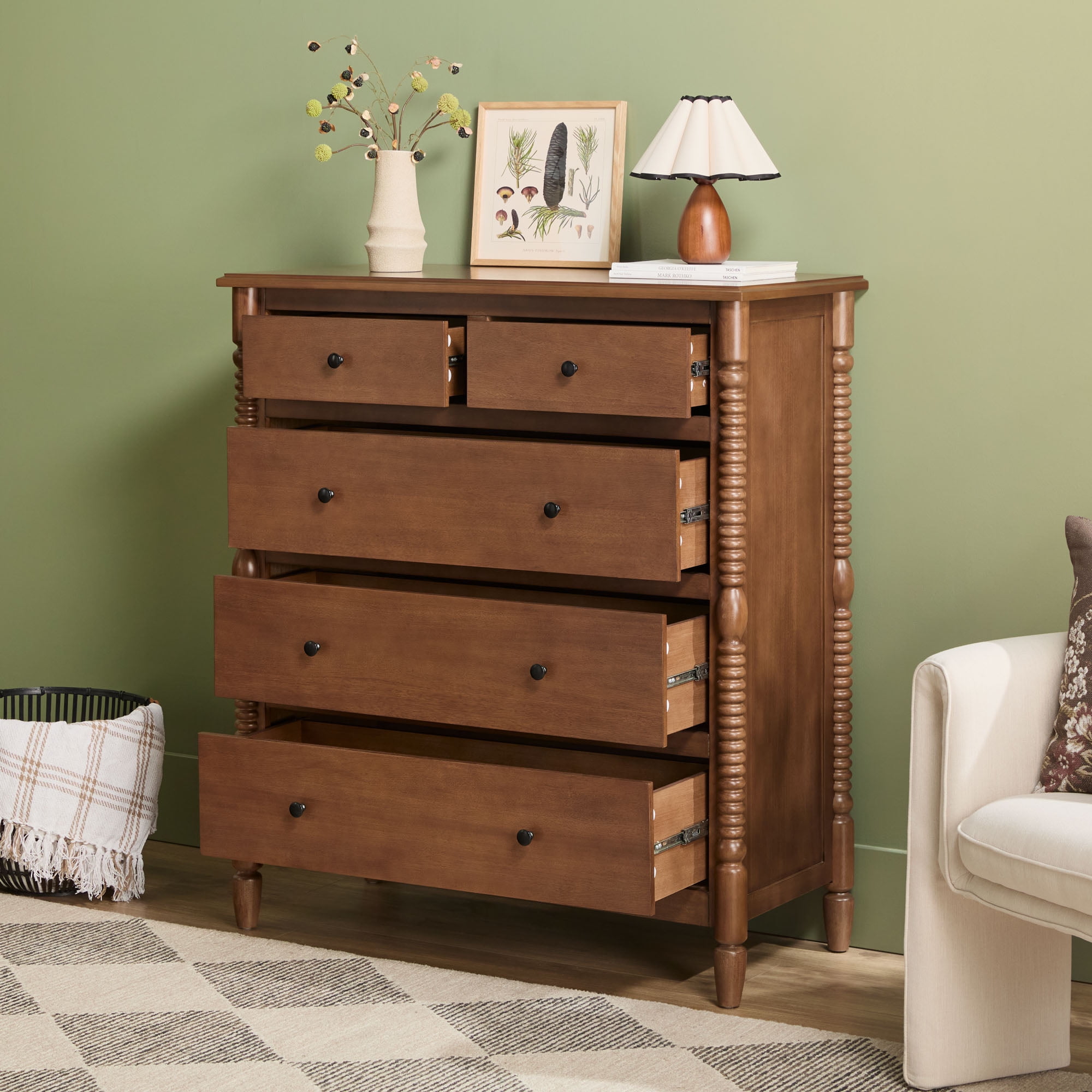 Walker Edison, Dresser, 5-Drawer, Solid Wood Spindle Dark Brown