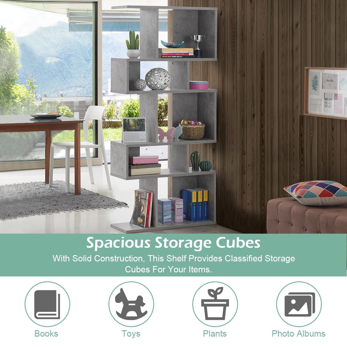 Giantex Freestanding Ladder Bookcase, 5 Cubes Corner Storage Bookshelf, 5-Layer Organizer Rack Display Cabinet, Gray