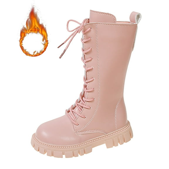 VNKIDY Girls Kids Solid Color Leather Knee High Boots Plush Lined Warm Lace Up Thick Traction Sole Shoes For Cold Weather Outdoor Activities Cute Footwear