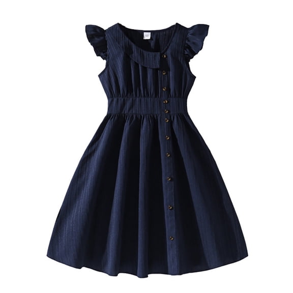 XEGLSBU Girls Dresses Solid Color Waist Defining Flutter Sleeve Hemline Fashion Party Casual Dress Summer Navy Size 9-10 Years