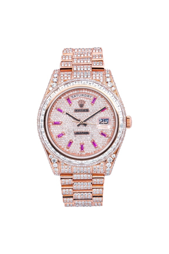 Pre-Owned Rolex Day-Date II 41MM 218235 Diamond Paved Pink Dial Diamond Bezel 18K Rose Gold Full Diamond President Bracelet 26.25ct