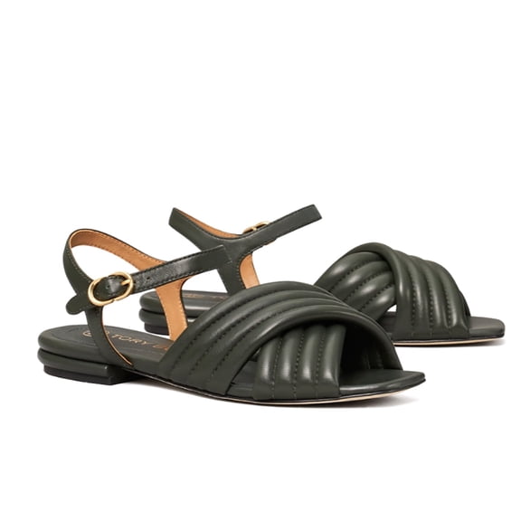 Tory Burch Women’s Kira Quilted Flat Sandal (Dark Seaweed)