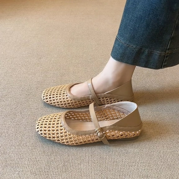Woven Mesh Ballet Flats for Women Square Toe Mary Jane Flats Buckle Strap Flat Shoes Comfortable Ballerina Flats Dressy Mesh Shoes Casual Mary Janes for Women