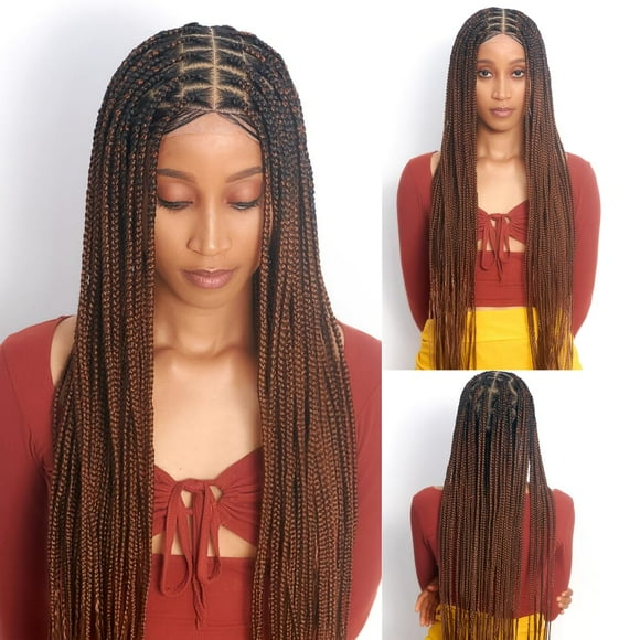 Wow Braids Box Braid Wig - Knotless Braided Wigs For Black Women With 360 Glueless Full Swiss Lace Cap & Human Baby Hair Frontal Synthetic Long Neat African Handmade Braiding - 36 Inch/Brown