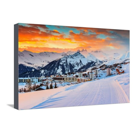 Majestic Winter Sunrise Landscape and Ski Resort in French Alps,La Toussuire,France,Europe Stretched Canvas Print Wall Art By Gaspar (Best Winter Resorts In Europe)