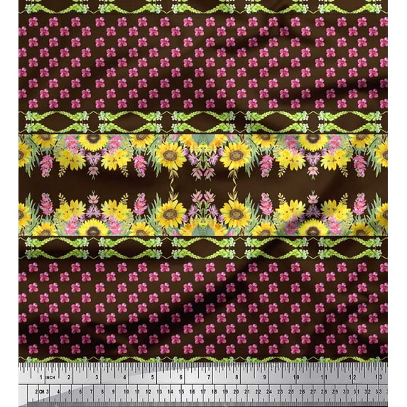 Soimoi Brown Velvet Fabric Sunflower & Pink Flower Floral Printed Fabric 1 Yard 58 Inch Wide