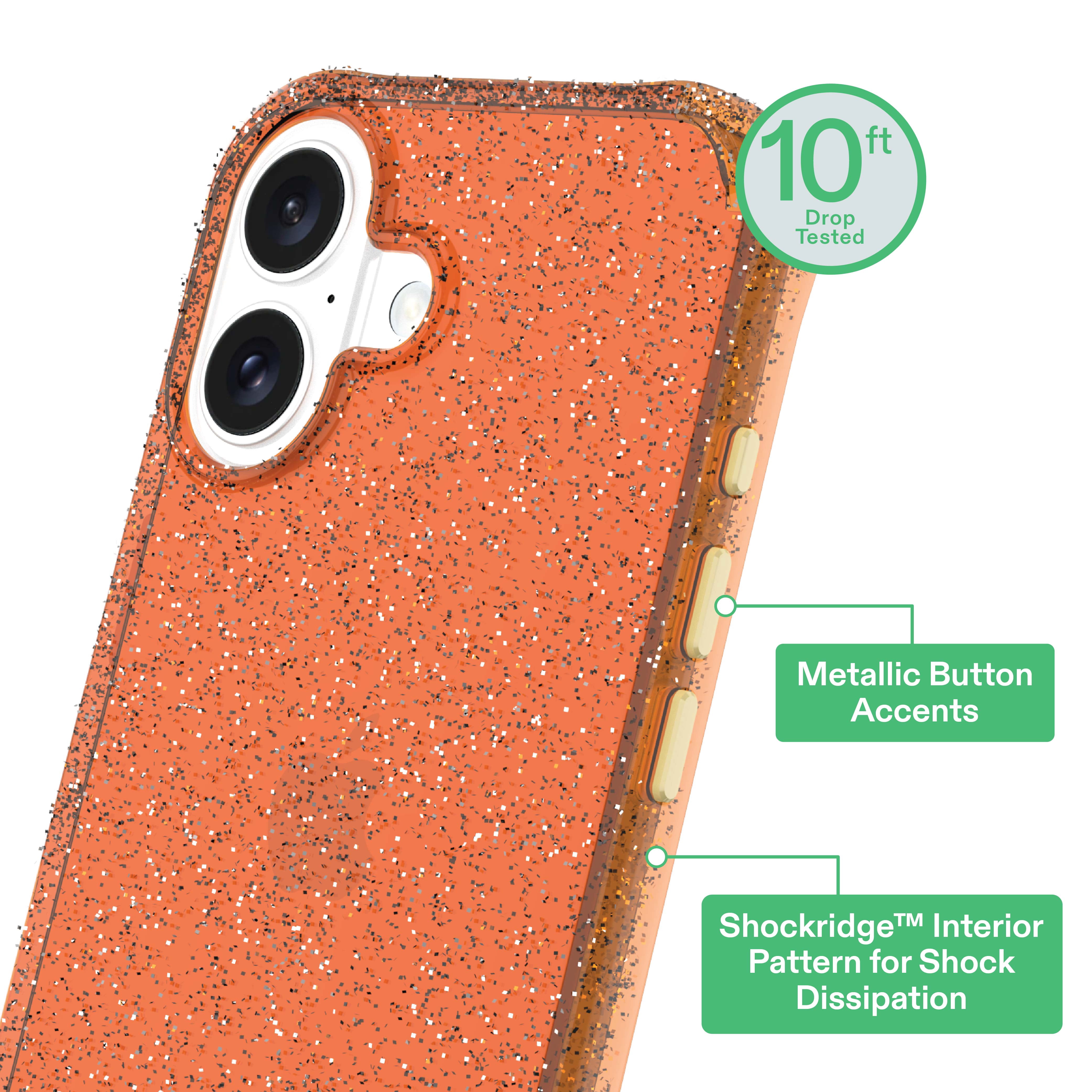 onn Sparkle Phone Case for iPhone 16 - Orange with Gold Glitter