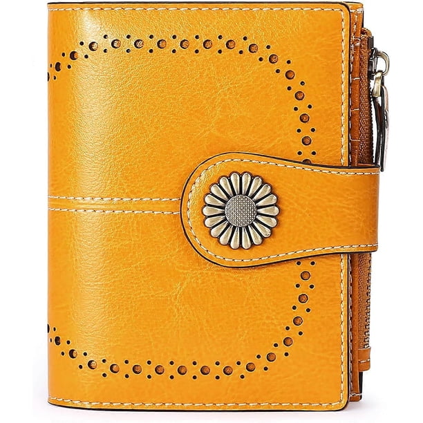 Ladies Wallet Leather Coin Purse Ladies Short Card Holder Ladies Zipper Wallet RFID Blocking Wallet(Yellow)