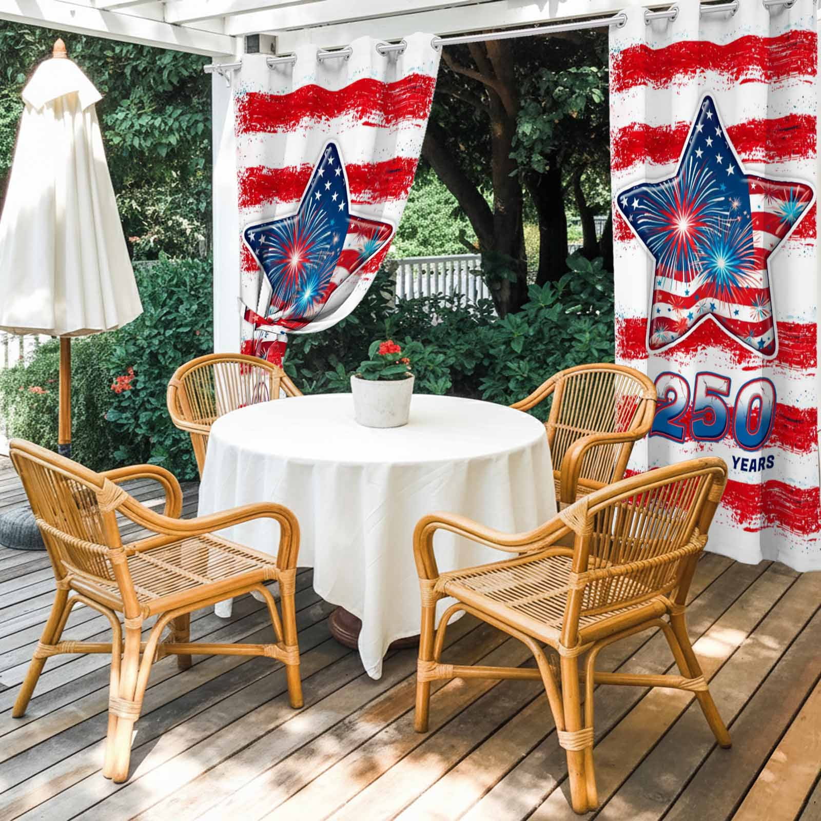 250 Anniversary Outdoor Curtains for Patio, American Flag Fireworks Star Red Strip Sunshade Privacy Drapes Grommet Waterproof Outside Curtains for Porch/Cabana/Balcony 54"x 108", 1 Panel