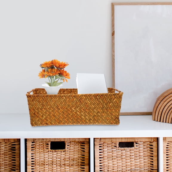 OUNONA Large Woven Storage Baskets with Handles, Natural Wicker Organizer for Pantry, Shelves, and Home Storage Solutions