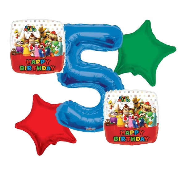 Super Mario Balloon Bouquet 5th Birthday 5 pcs - Party Supplies