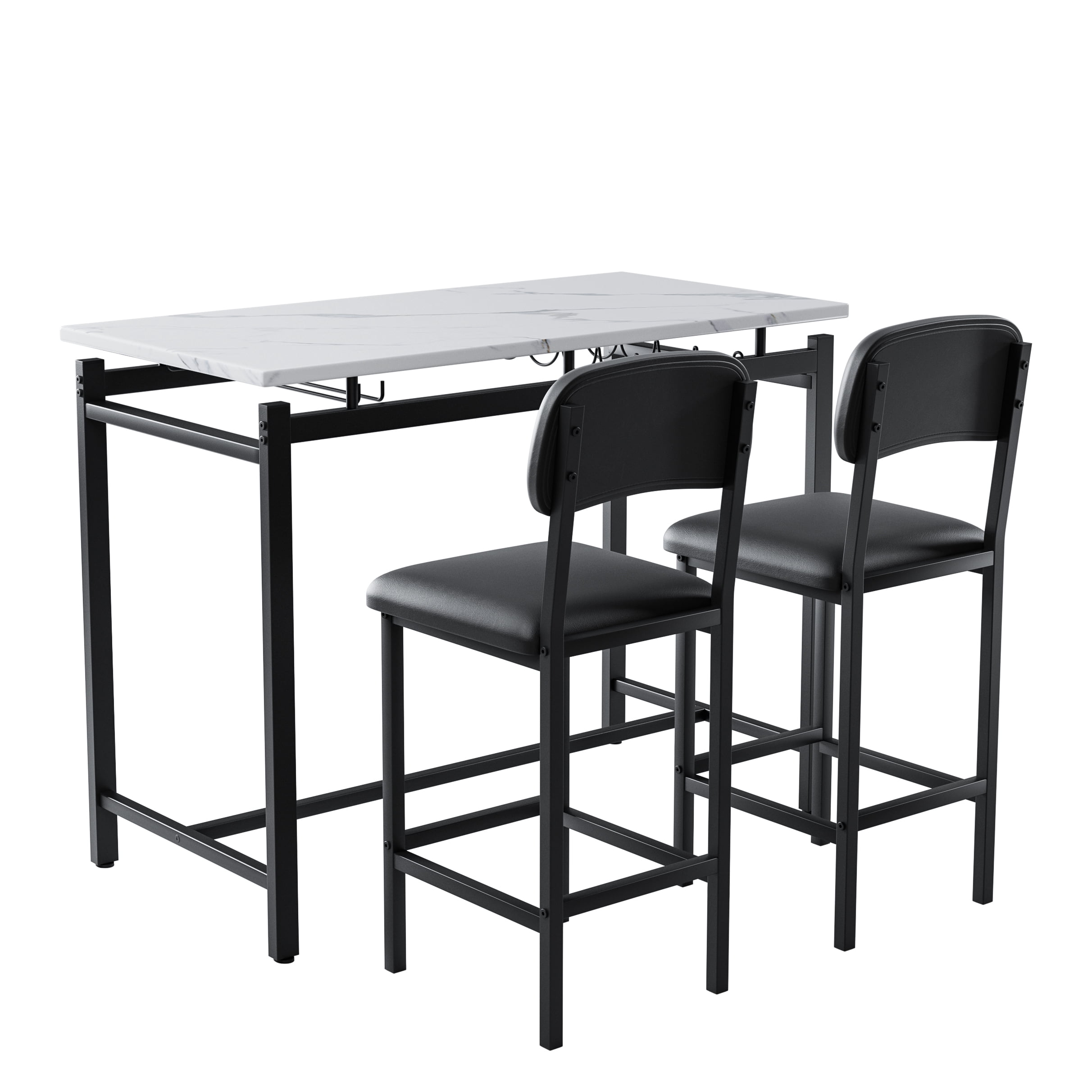 Aukfa Bar Dining Table Set&nbsp;for 2, Kitchen Table Set w/ Wine Rack &Upholstered Chairs for Small Spaces, Black