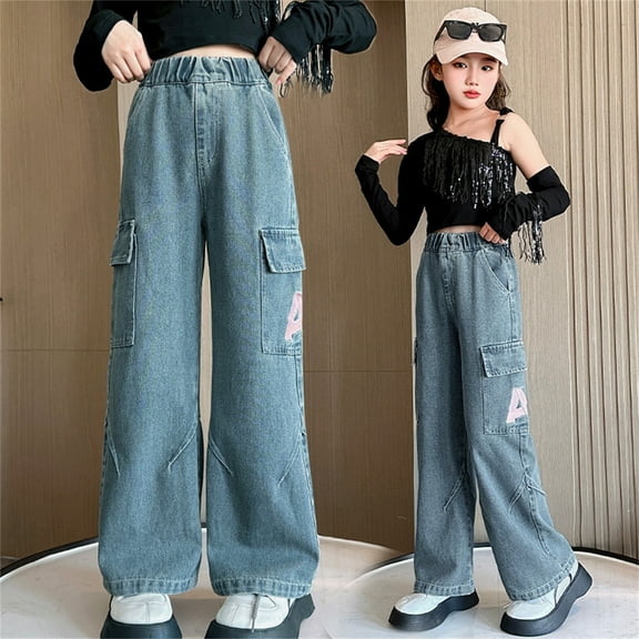 Girls'Fashion Jeans Elastic High Waist Wide Leg Pants Trousers Teen Clothing Trendy Jeans 7-8 Years Girls Fashion