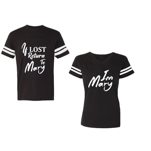If Lost Return To Mary I am Mary Unisex Couple Matching Cotton Jersey style T-Shirt Contrasting stripes on sleeves (Men Black / Women Black) (Men S / Women S)