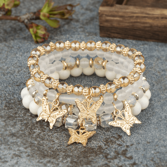SEMEZUXX 4 Pcs Bracelet Bohemian Tree of Life Bracelet Beige And Gold Beaded Elastic Set