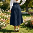 thumbnail image 4 of Women's Asymmetrical Wrap Hem A-Line Denim Skirt Stretch High Waist Elegant Swing Business Casual Jean Skirts, M, 4 of 5