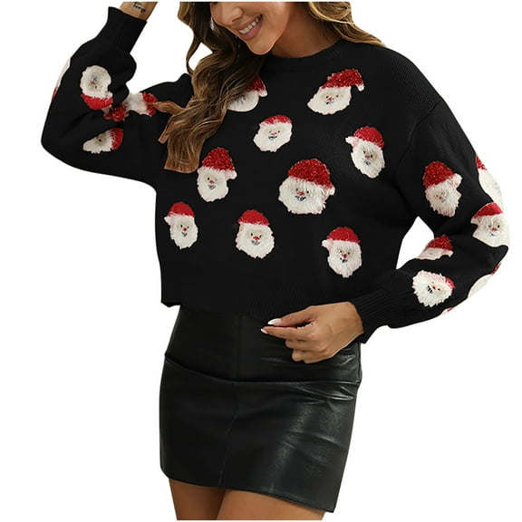 TFEOQRY Pullover Sweater for Women Casual Christmas Patterned Knitwear Long Sleeved Round Neck Sweater Top Black