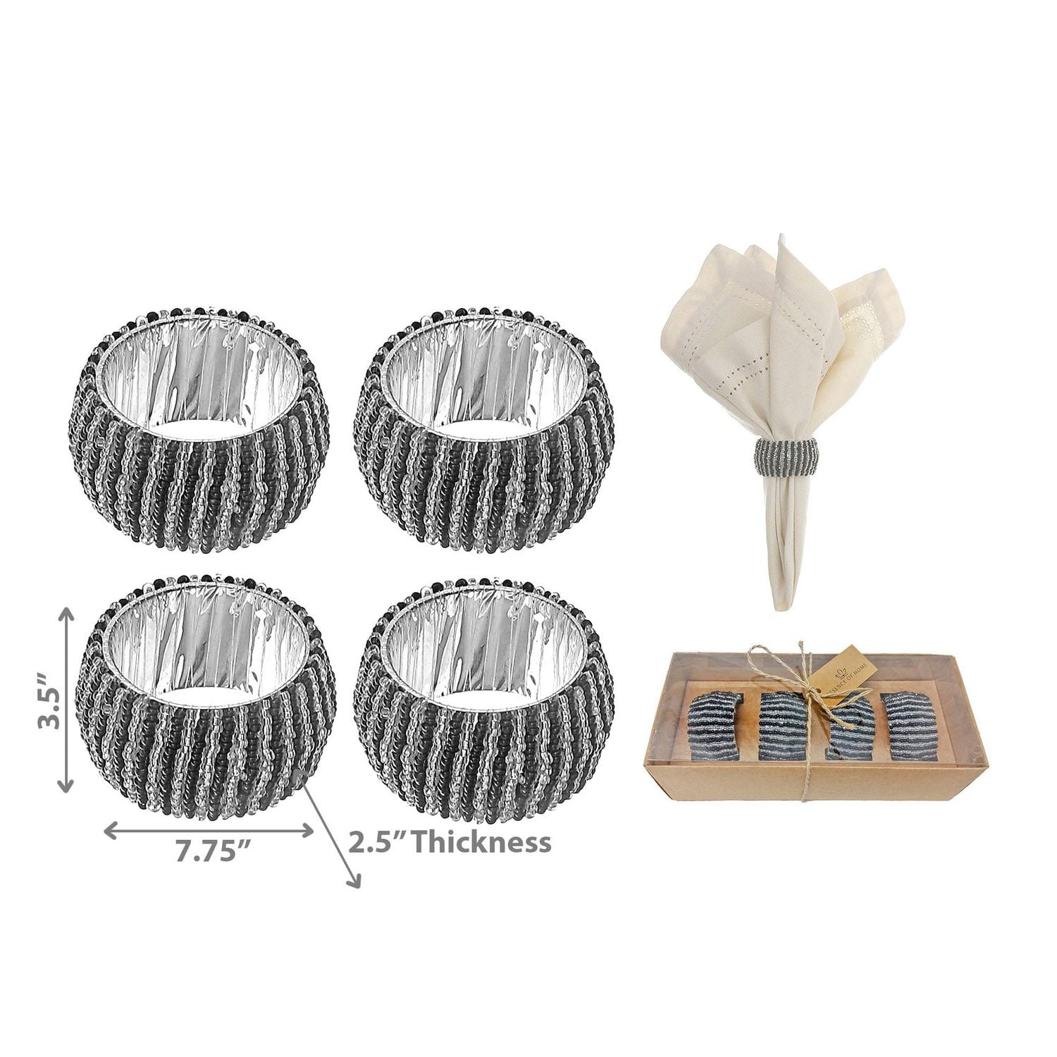 4PC Beaded Napkin Ring With Craft Box Black & Silver