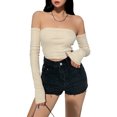 thumbnail image 1 of Mialoley Female Summer Solid Color Tops,Boat Neck Blouse Pullover with Long Sleeves, 1 of 3