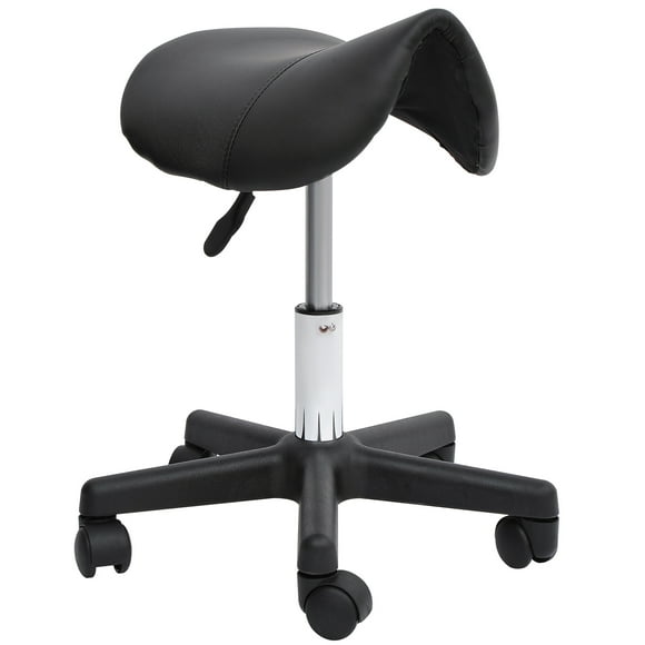HOMCOM Saddle Stool, PU Leather Rolling Stool with Wheels, Adjustable Salon Chair for Kitchen, Salon Spa, Bar, Home Office, Massage, Black