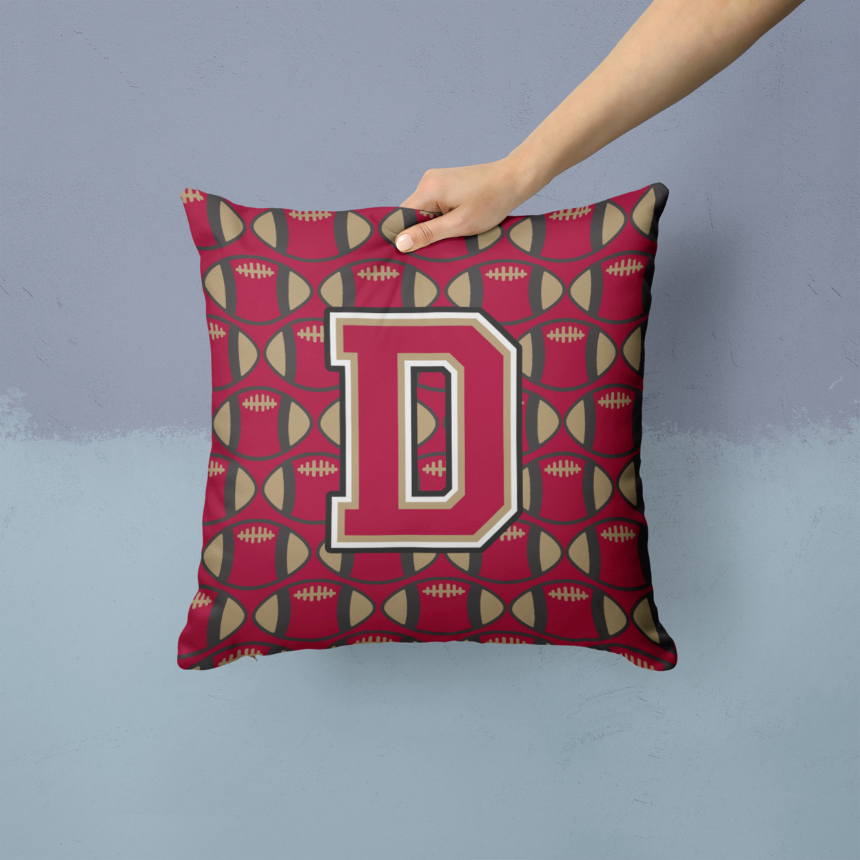 Letter D Football Garnet and Gold Fabric Decorative Pillow