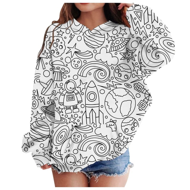 PMVFHDE Liquidation Chandails en Molleton Col Bénitier pour Filles Chandails à Capuchon pour Filles Imprimé Graphique Lettre Pulls Manches Longues Décontracté Doux Pull Col Rond Automne Chandail en Molleton, Blanc, 13-14 Ans