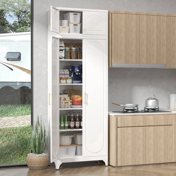 Polup 90" Height Modern Metal Pantry Storage Cabinet with Doors and Adjustable Shelves White for Living Room Kitchen and Home