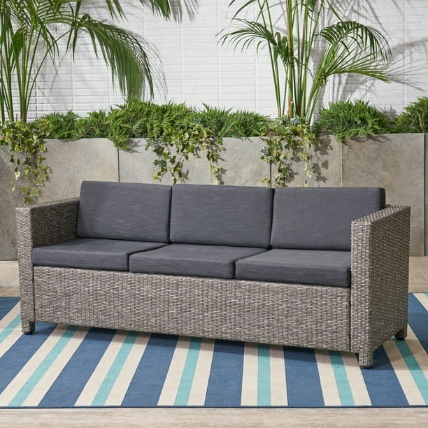 Outdoor Wicker 3 Seater Sofa with Cushions,Black,Grey