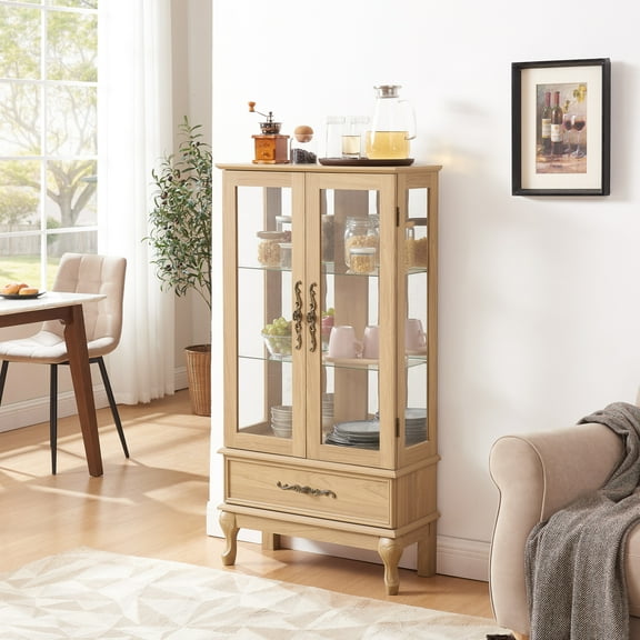 Noble House Timothy Lighted Glass Curio Cabinet with Drawer, Adjustable Shelves Display Case Sideboard, Light Oak