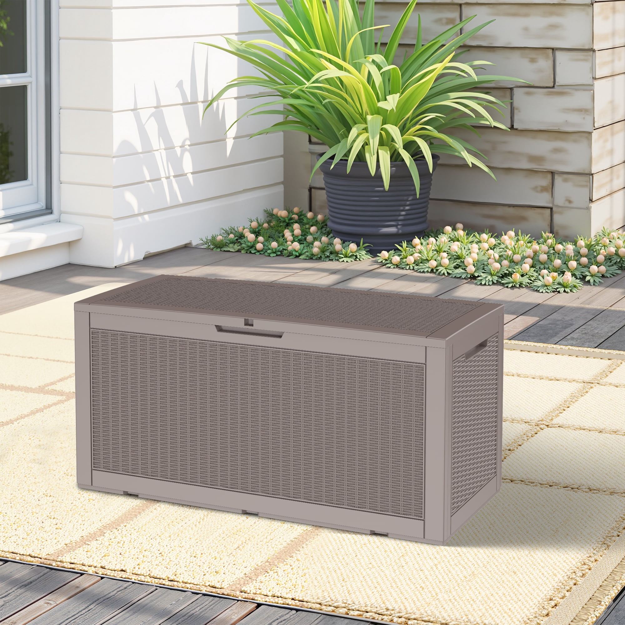 MAYEERTY 100 Gallon Outdoor Deck Box, Large Capacity Storage Box for Patio Furniture Cushions, Pillow with Wheels, Light Brown