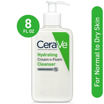 CeraVe Hydrating Cream-to-Foam Facial  with Hyaluronic  for Normal Dry Skin, 8 fl oz