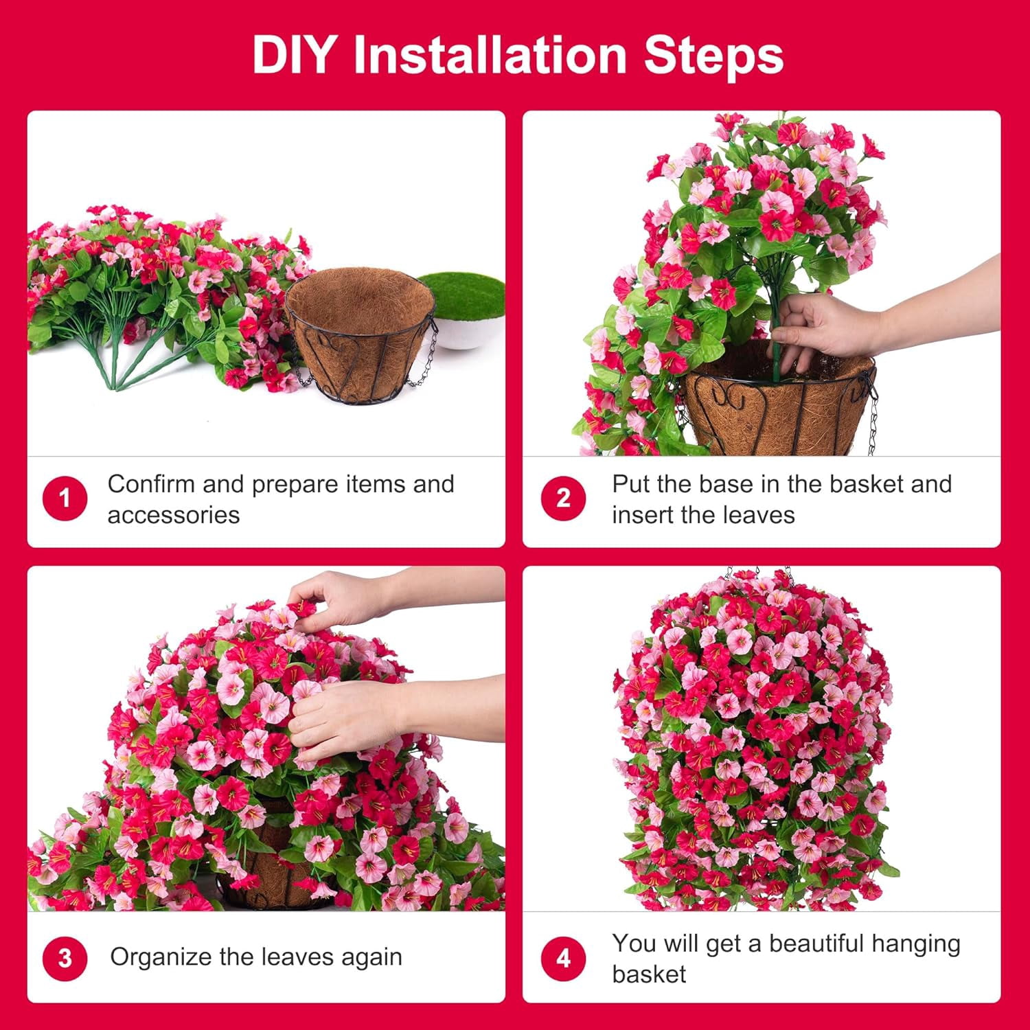 Hanging Baskets with Artificial Flowers for Plants Outdoor Indoor, Faux Silk Morning Glory Vines, Faux Green Plant Arrangement for Garden Patio Decoration(Darkorchid)