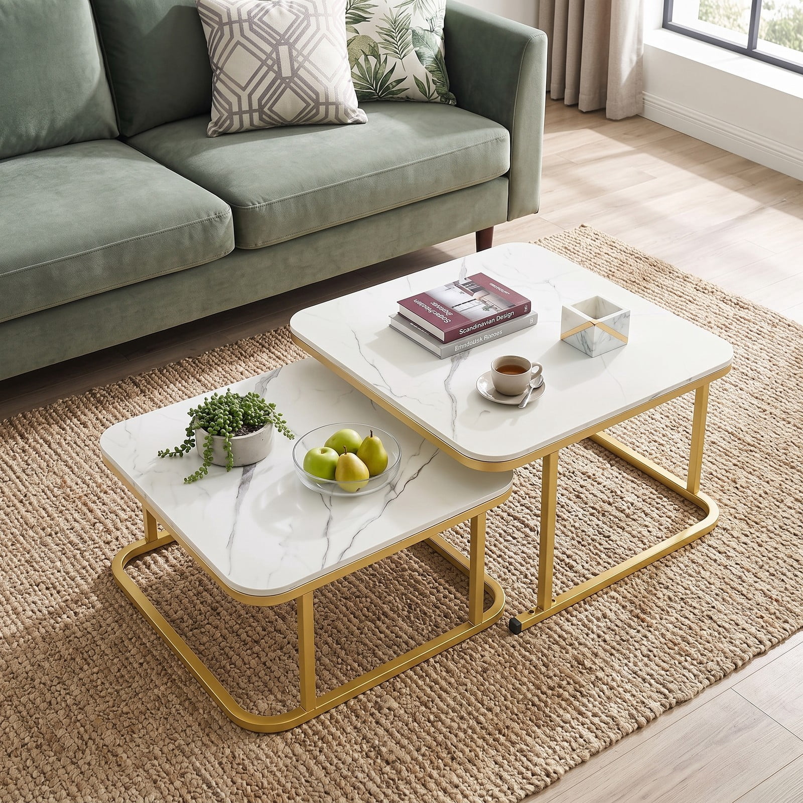 Furnibear Nesting Coffee Table Set of 2, Faux Marble Top Round-Corner Cocktail Tables with Powder-Coated Metal Frame, Stackable Space-Saving Side End, White & Gold