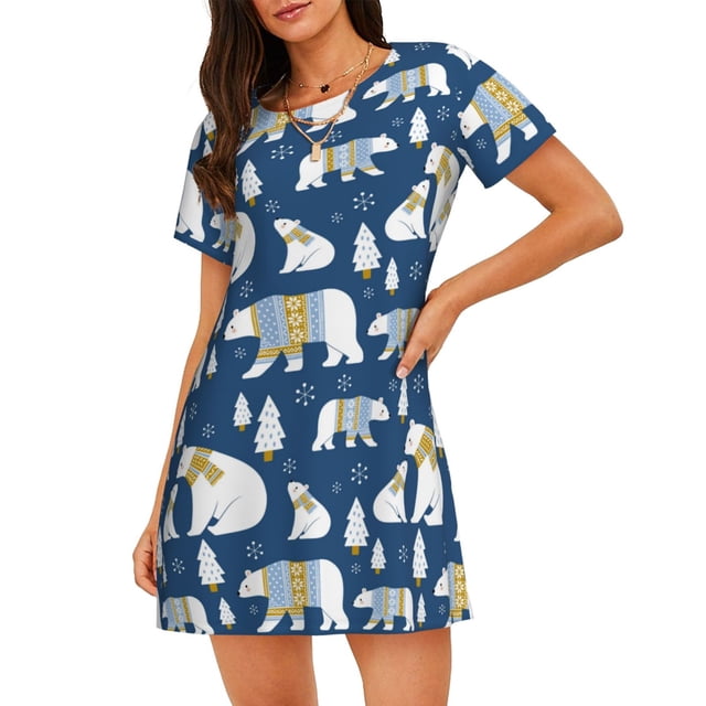 Fotbe cute winter bear Bata de Dormir para Mujer con Estampado, Camisón de Algodón de Manga Corta, Ropa de Dormir Casual